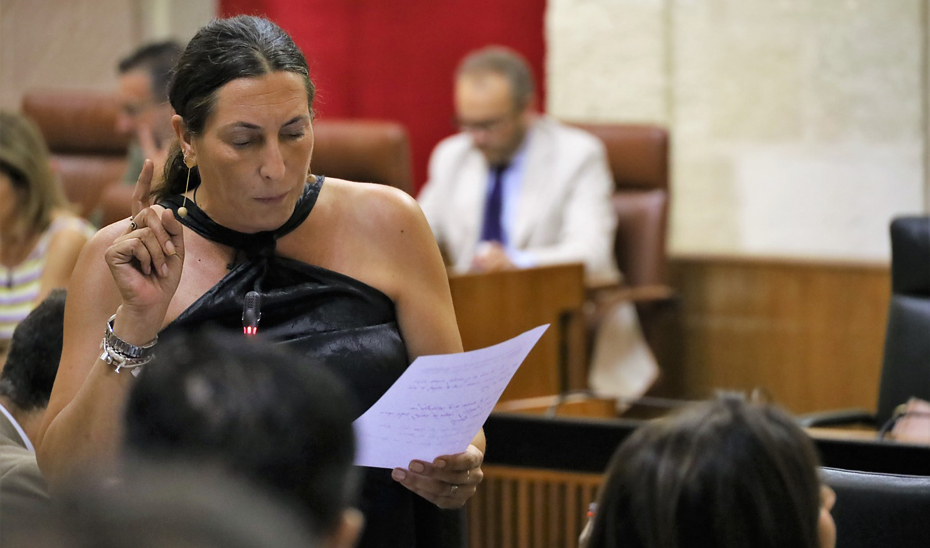 La consejera de Inclusión Social, Juventud, Familias e Igualdad, Loles López, responde a la oposición en el Parlamento.
