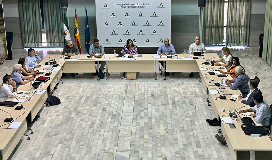 Carmen Crespo, junto a los representantes del sector, durante la reunión de la Mesa de Interlocución Agraria, celebrada en Sevilla.