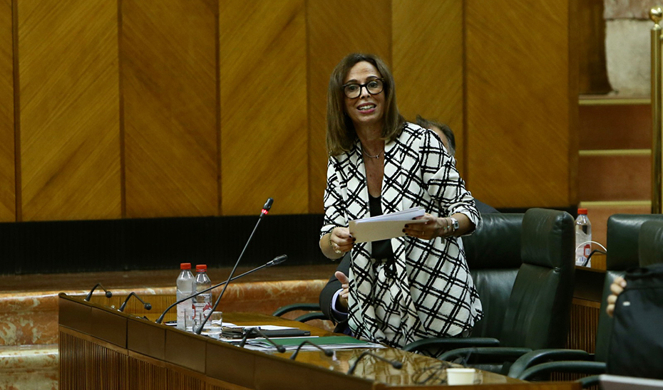 La consejera de Fomento, Rocío Díaz, durante su intervención en el Pleno del Parlamento de Andalucía, durante la sesión de control al Gobierno.