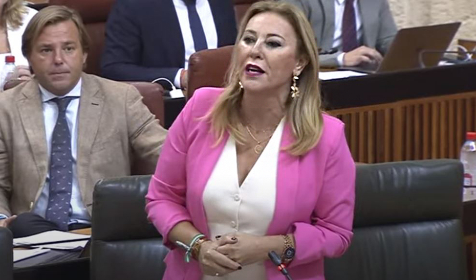 La consejera Carolina España interviene durante la sesión de control al Gobierno del Parlamento andaluz.