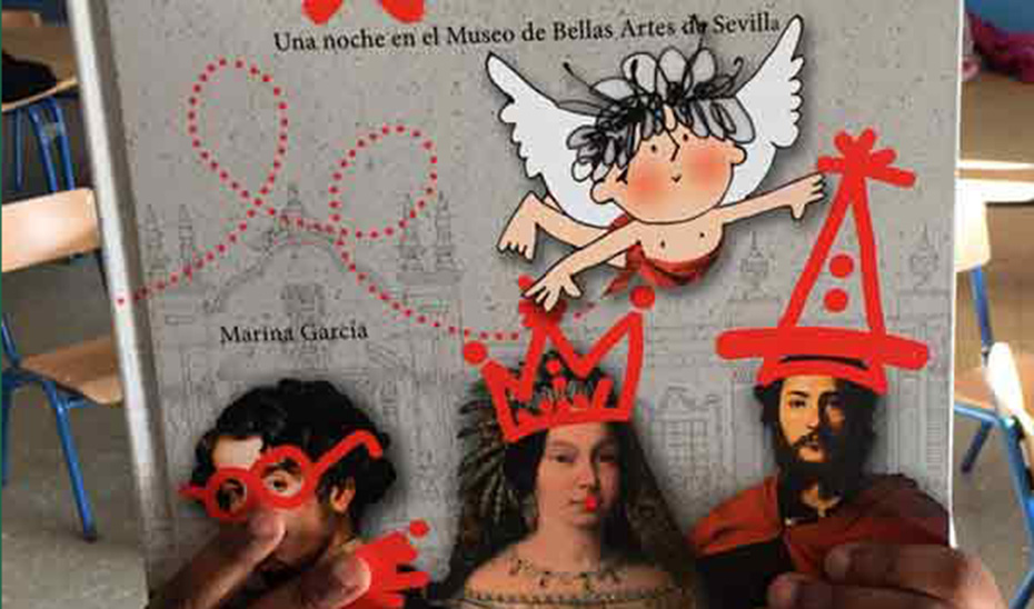 Detalle de la portada del libro Revuelo en el Museo, en el que se inspira el mapping de Navidad del Bellas Artes de Sevilla.