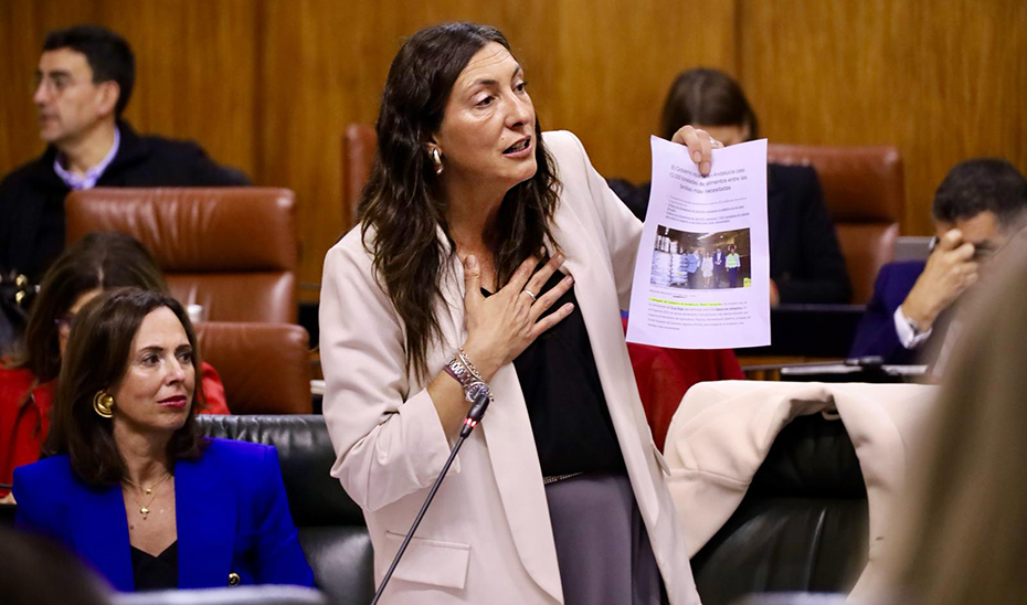 Lolss López, responde, en el Pleno de la Cámara autonómica, a las preguntas de los grupos parlamentarios. 