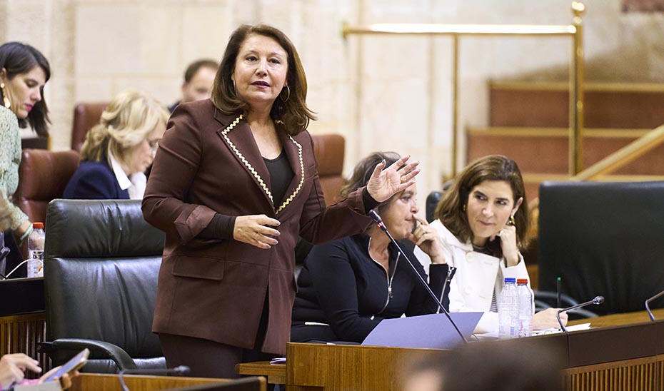 La consejera de Agricultura, Carmen Crespo, en un momento de la sesión plenaria en el Parlamento.