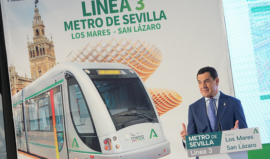 Intervención de Juanma Moreno en su visita al inicio de obras del tramo II Norte de la Línea 3 del Metro de Sevilla