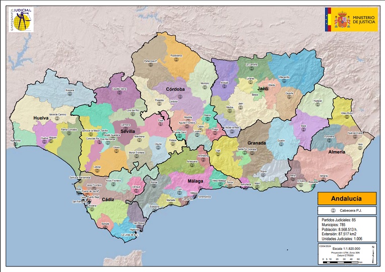 Mapa de los partidos judiciales en Andalucía