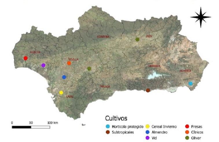 Mapa de las fincas demostrativas en Gestión Integrada de Plagas Andalucía
